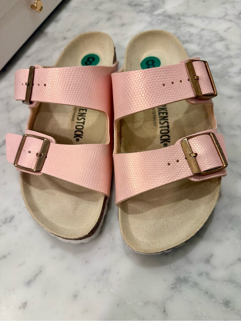 Birkenstock Pink Double Strap Sandals with Gold Buckles